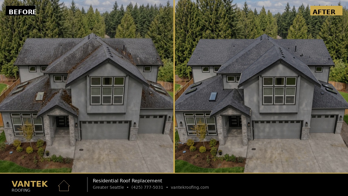 Before and after roof replacement by Vantek Roofing